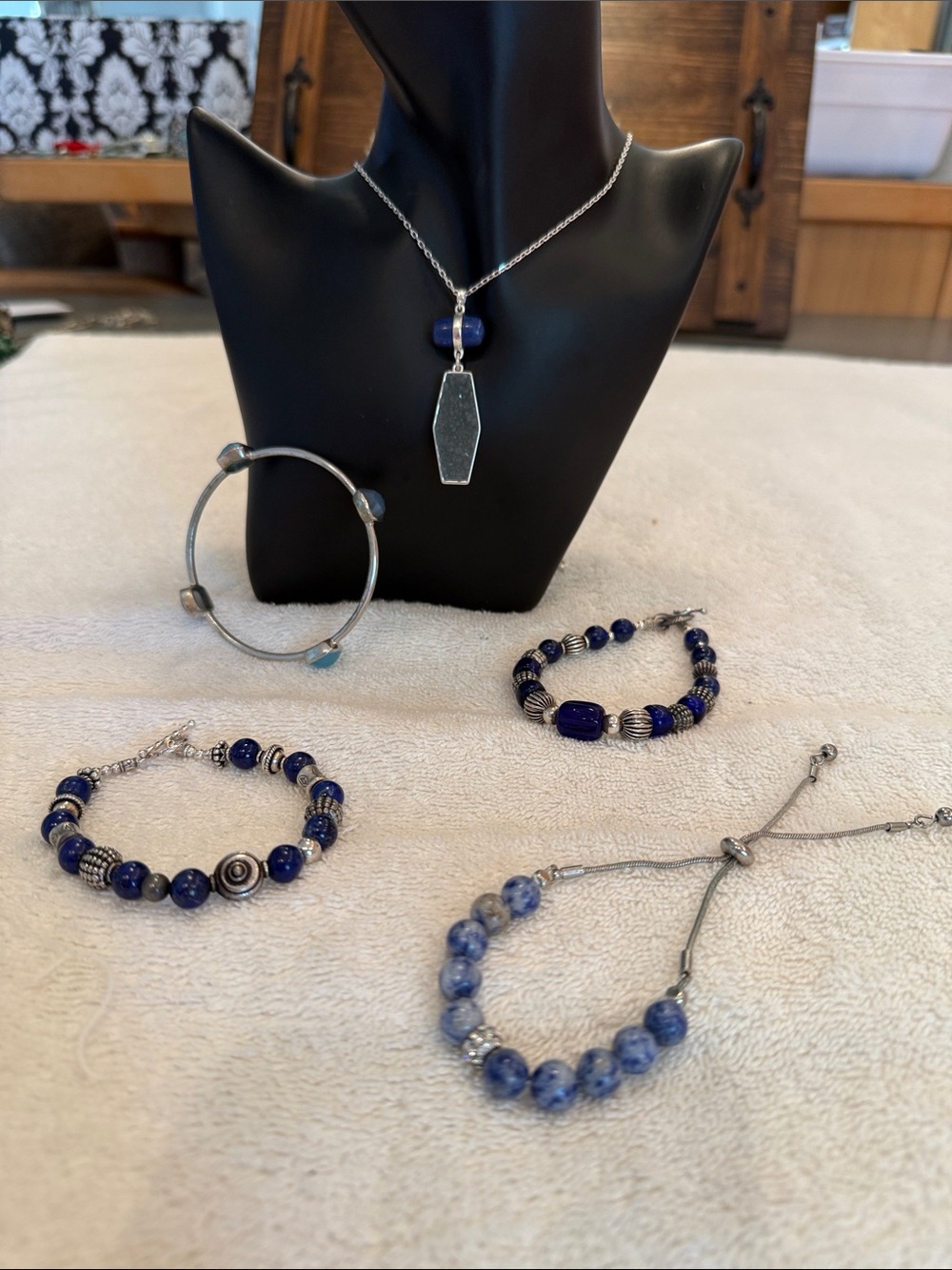 Silver-Tone & Blue Bead Necklace with Coordinating SS Lapis & Sodalite Bracelets